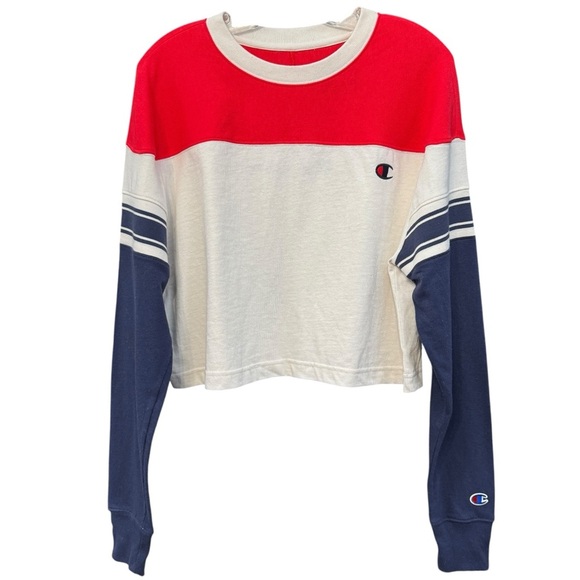 Champion Small Cropped Long Sleeve Shirt Red Navy Cream Colorblock Logo - Picture 1 of 6